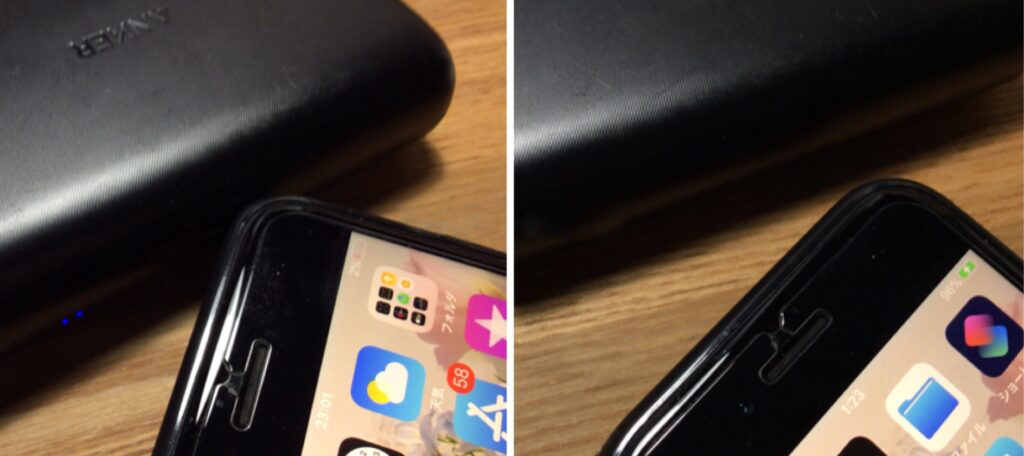 太陽光でAnkerのモバブーに蓄電したあとiPhone8に充電した様子