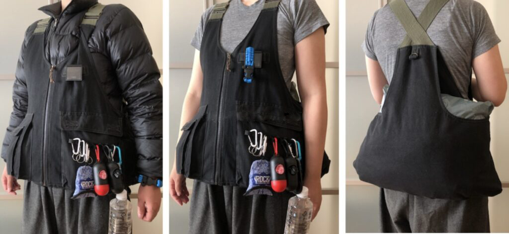 女性が冬服夏服でキャンプベストを着てみた様子